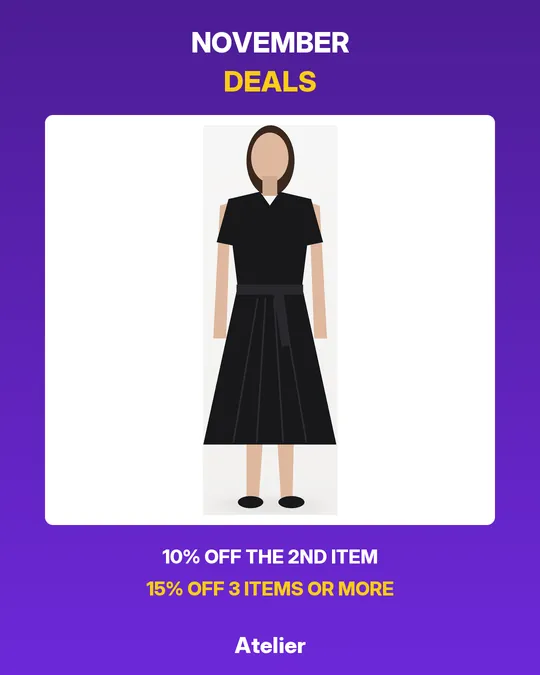 A dress in a purple frame headed November Deals: 10% off the 2nd item, 15% off 3 items or more