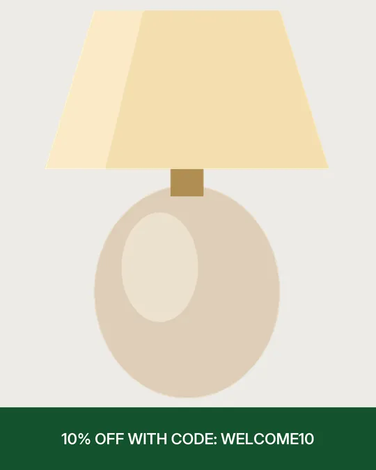 A table lamp above a green banner: 10% off with code WELCOME10