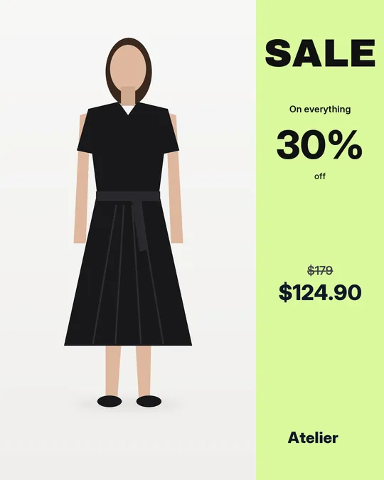 A dress beside a green panel: SALE, 30% on everything, $179 struck through and $124.90