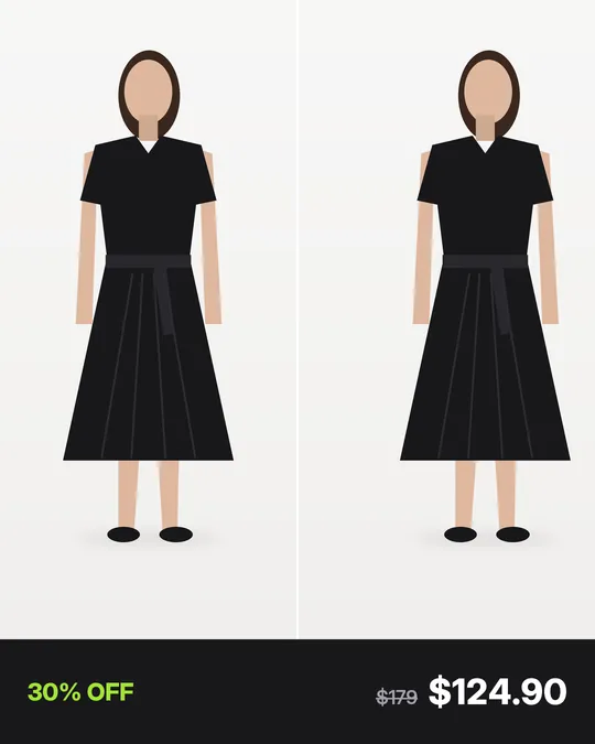 Two photos of the same dress above a black bar: 30% OFF, $179 struck through and $124.90