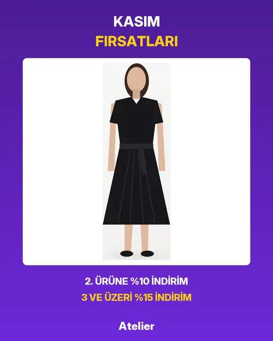Kasım Fırsatları başlıklı mor çerçevede elbise: 2. ürüne %10, 3 ve üzerine %15 indirim