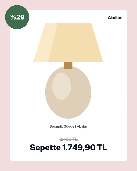 Beyaz bir kartta masa lambası, %29 rozeti, üstü çizili 2.499 TL ve Sepette 1.749,90 TL
