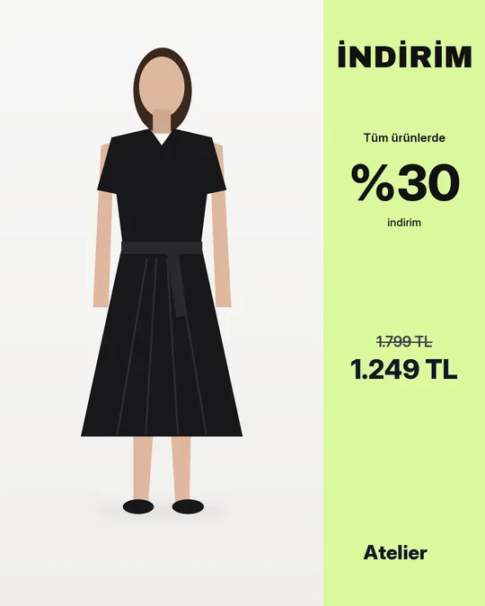 Yeşil bir panelin yanında elbise: İNDİRİM, tüm ürünlerde %30, üstü çizili 1.799 TL ve 1.249 TL